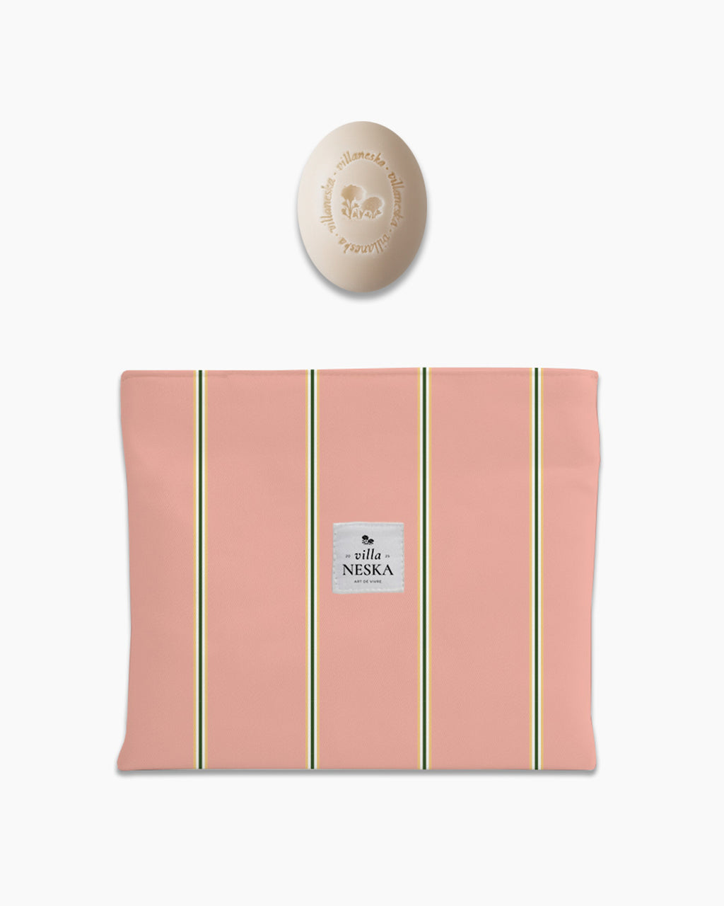 Assortiment pochette plate & savon — Corail poudré, rayures fines vert/jaune