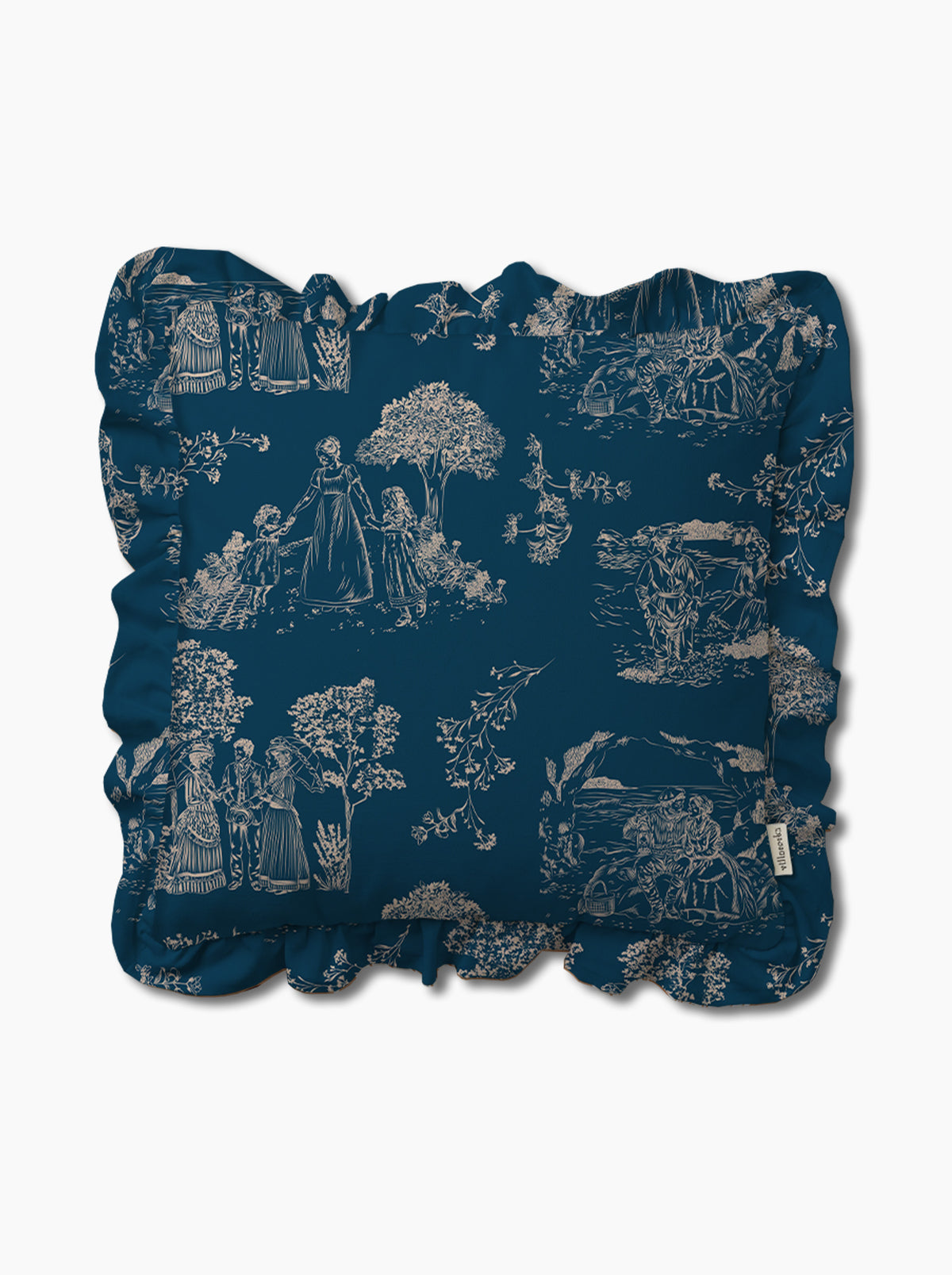 Housse de coussin à volants Chroniques de Biarritz —  Bleu minéral/crème