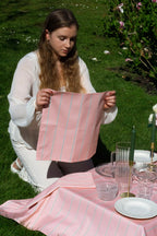 Lot de 2 serviettes — Corail poudré, rayures fines vert/jaune