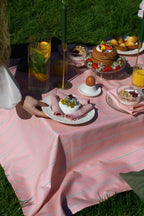 Nappe —  Corail poudré, rayures fines vert/jaune
