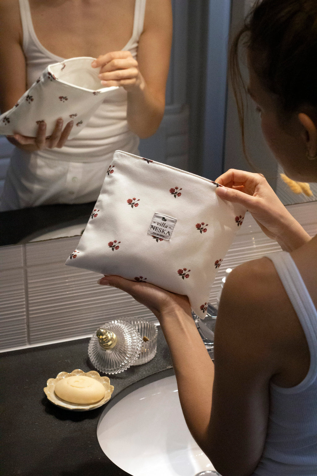 Assortiment pochette plate & savon — Roseraie blanc coton