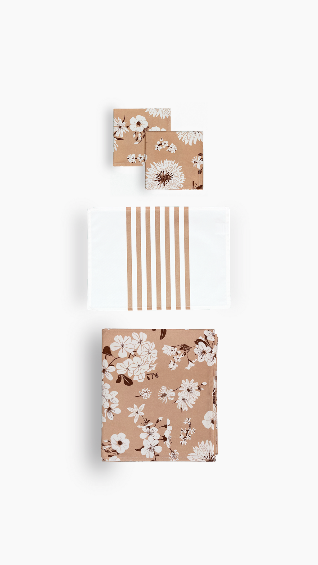 Parure de table serviettes, sets rayés et nappe 一 Cappuccino