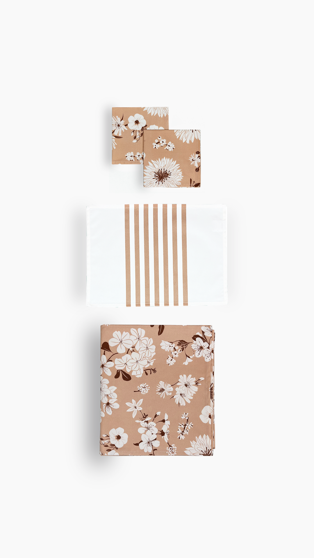 Parure de table serviettes, sets rayés et nappe 一 Cappuccino