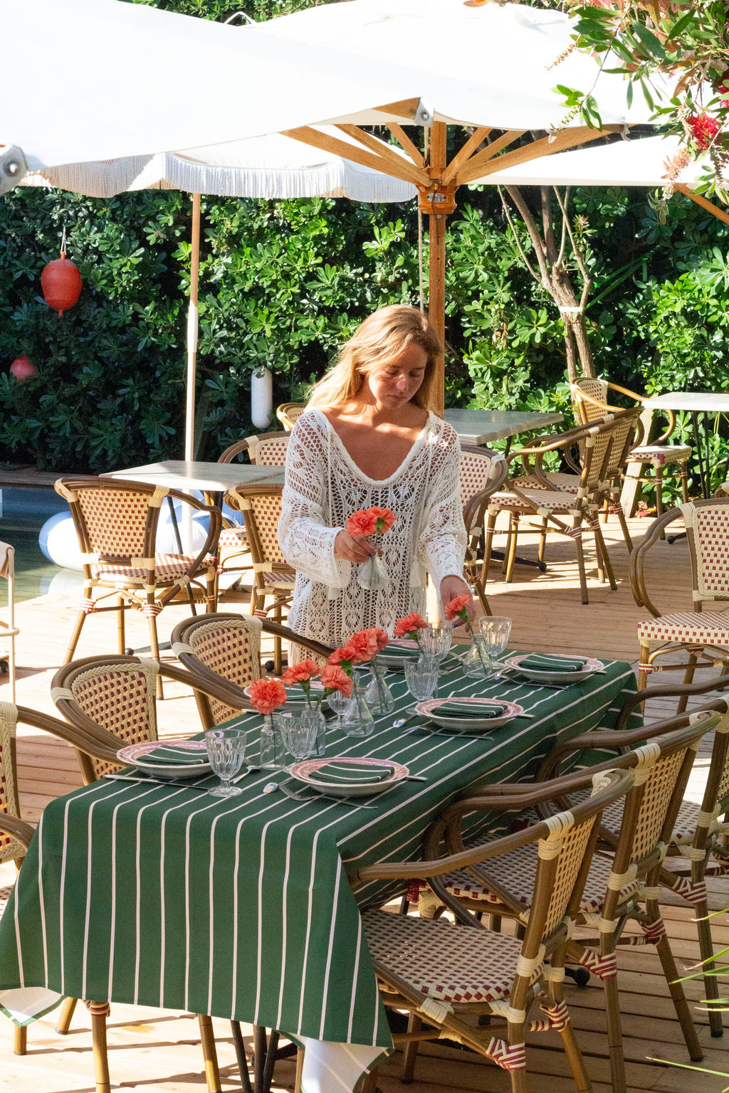 Nappe — Vert jardin, rayures fines corail poudré/jaune