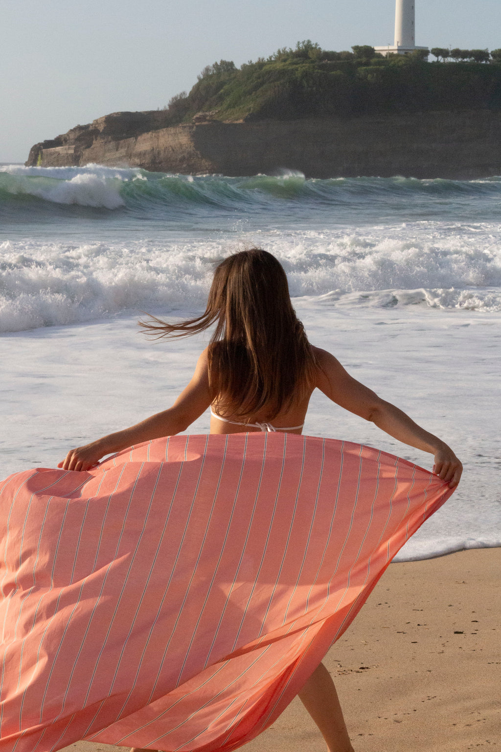 Voile de plage — Corail, rayures fines vert/jaune